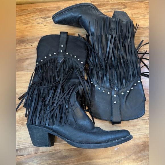 Roper Ladies Oakley Biker Western Boot Fringe Rhinestone Festival Moto Black 8.5 - Picture 2 of 7